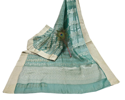 Indian Vintage Sari Green Hand Woven 100% Pure Organza Silk Saree Craft Fabric 6Yd Dress Making Crafting Quilting Upcycle Zari
