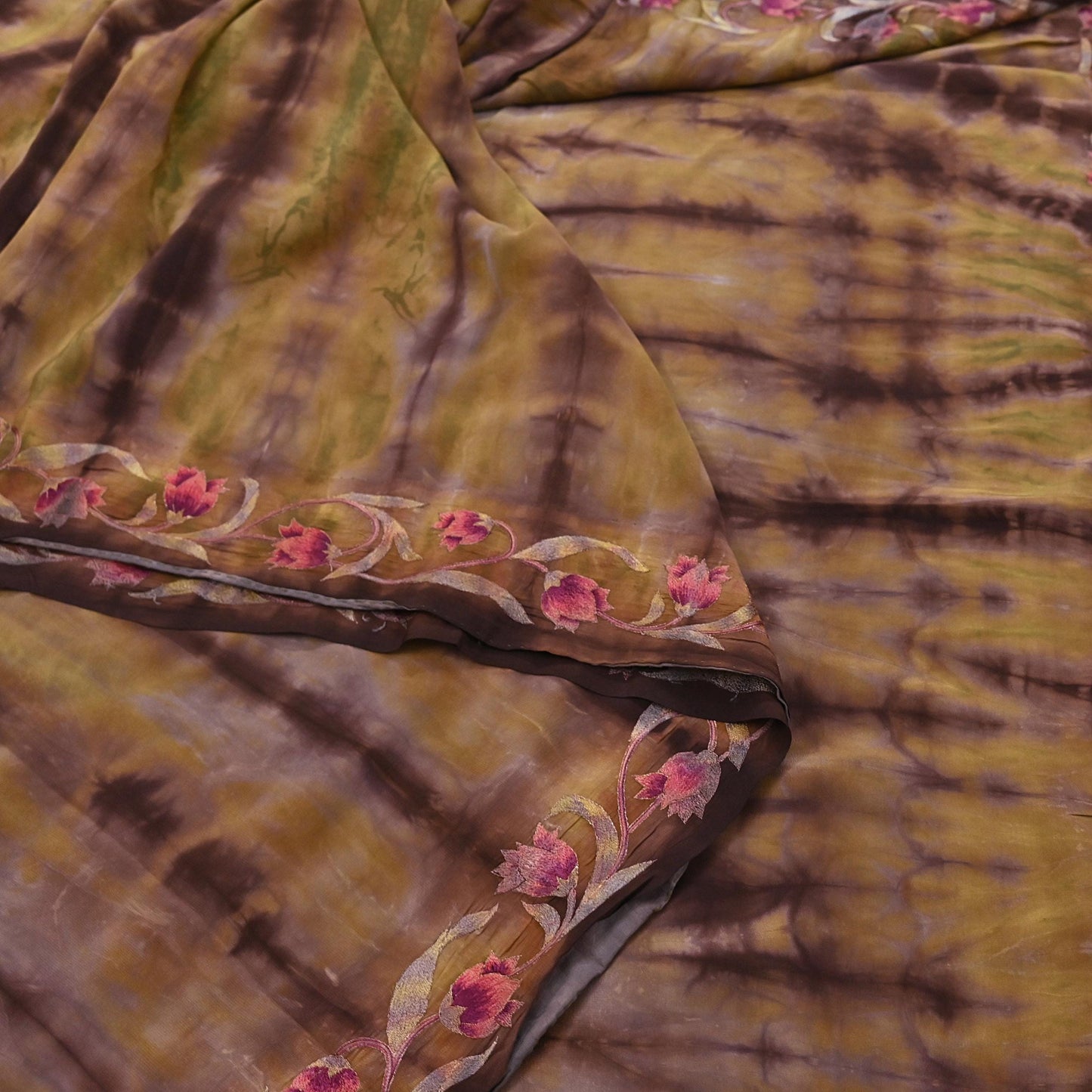 Indian Vintage Saree Brown & Green Pure Crepe Silk Tie-Dye Embroidered Sari Fabric 5yard Sewing Floral Soft Zari