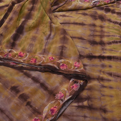 Indian Vintage Saree Brown & Green Pure Crepe Silk Tie-Dye Embroidered Sari Fabric 5yard Sewing Floral Soft Zari