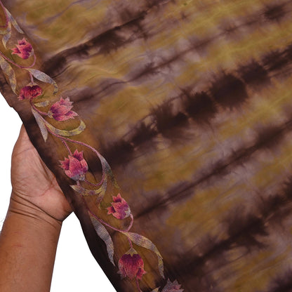 Indian Vintage Saree Brown & Green Pure Crepe Silk Tie-Dye Embroidered Sari Fabric 5yard Sewing Floral Soft Zari