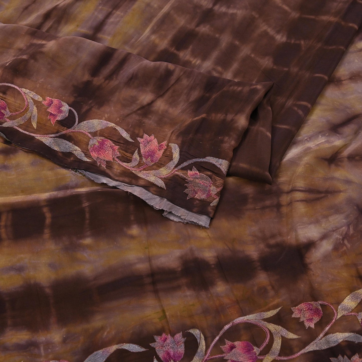 Indian Vintage Saree Brown & Green Pure Crepe Silk Tie-Dye Embroidered Sari Fabric 5yard Sewing Floral Soft Zari