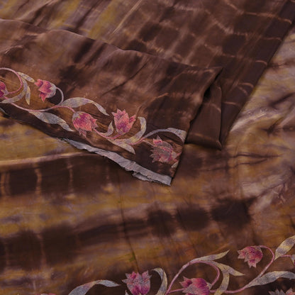 Indian Vintage Saree Brown & Green Pure Crepe Silk Tie-Dye Embroidered Sari Fabric 5yard Sewing Floral Soft Zari