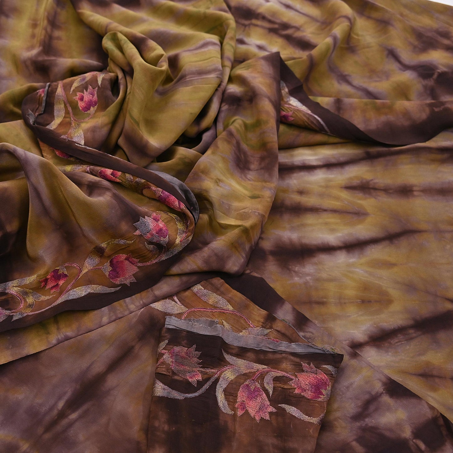 Indian Vintage Saree Brown & Green Pure Crepe Silk Tie-Dye Embroidered Sari Fabric 5yard Sewing Floral Soft Zari