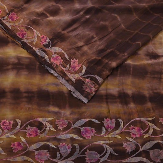 Indian Vintage Saree Brown & Green Pure Crepe Silk Tie-Dye Embroidered Sari Fabric 5yard Sewing Floral Soft Zari