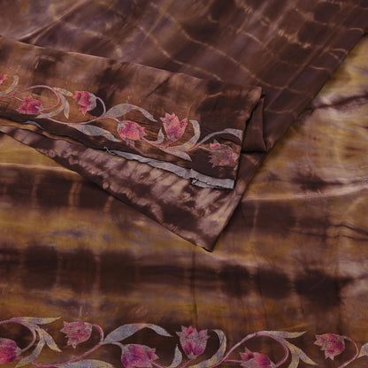 Indian Vintage Saree Brown & Green Pure Crepe Silk Tie-Dye Embroidered Sari Fabric 5yard Sewing Floral Soft Zari