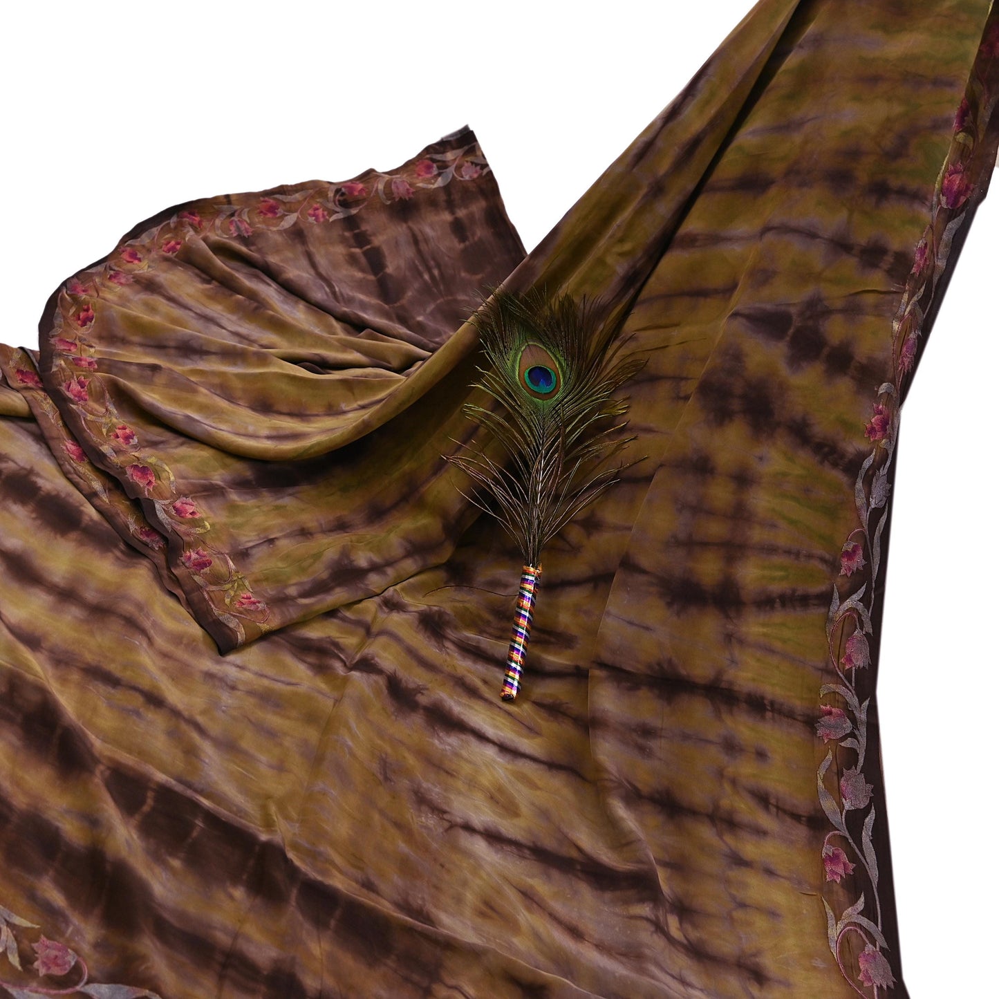 Indian Vintage Saree Brown & Green Pure Crepe Silk Tie-Dye Embroidered Sari Fabric 5yard Sewing Floral Soft Zari