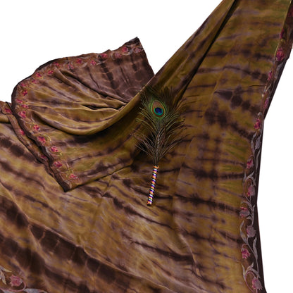 Indian Vintage Saree Brown & Green Pure Crepe Silk Tie-Dye Embroidered Sari Fabric 5yard Sewing Floral Soft Zari