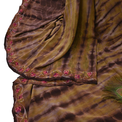 Indian Vintage Saree Brown & Green Pure Crepe Silk Tie-Dye Embroidered Sari Fabric 5yard Sewing Floral Soft Zari