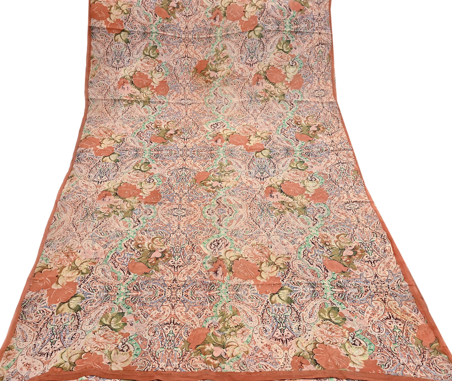 Indian Vintage Sari Beige & Almond 100% Pure Georgette Silk Block Printed Sarees Sewing 5yd Craft Soft Dress Designing for Crafting Abstract