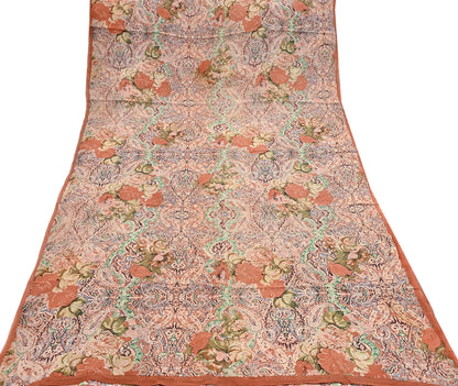 Indian Vintage Sari Beige & Almond 100% Pure Georgette Silk Block Printed Sarees Sewing 5yd Craft Soft Dress Designing for Crafting Abstract