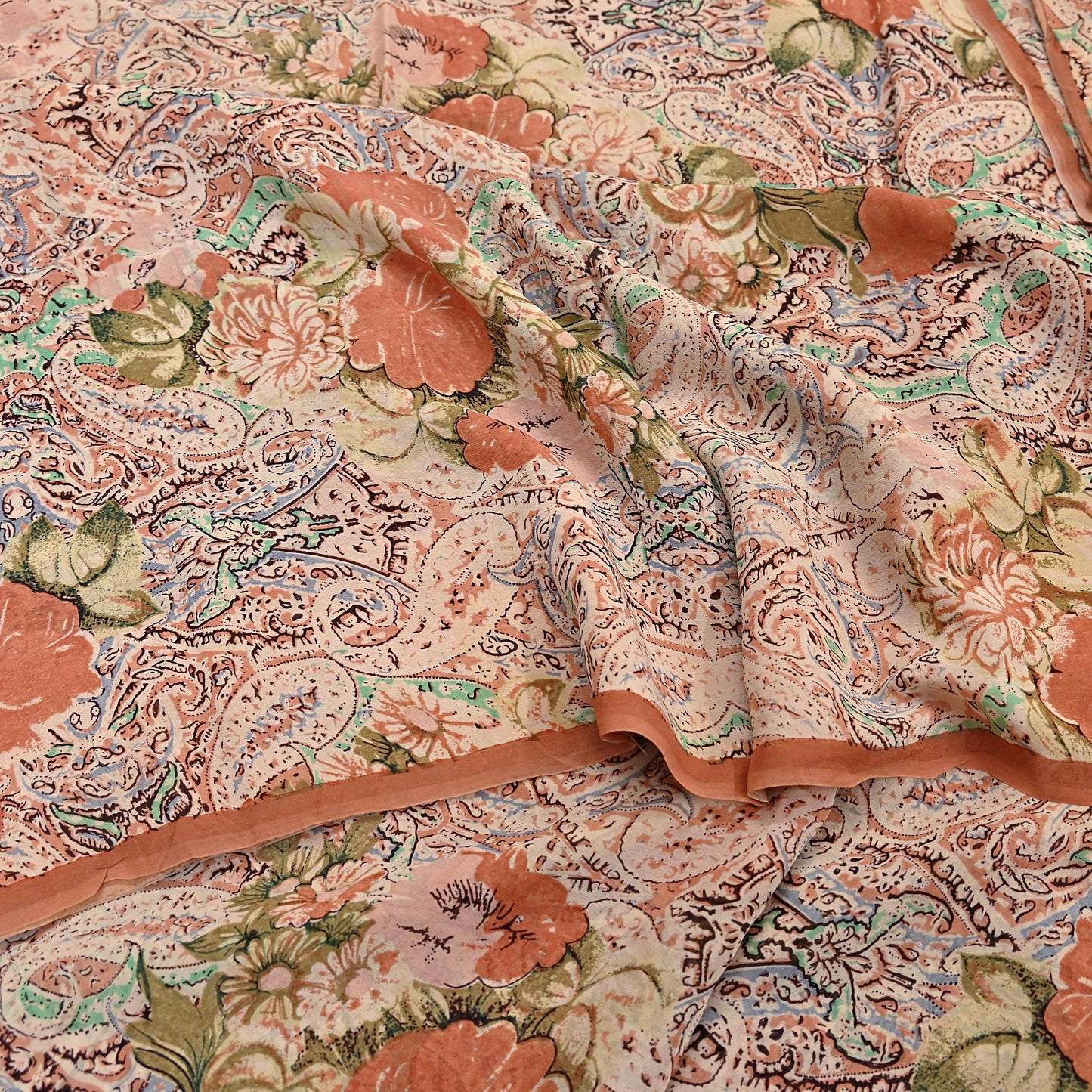 Indian Vintage Sari Beige & Almond 100% Pure Georgette Silk Block Printed Sarees Sewing 5yd Craft Soft Dress Designing for Crafting Abstract