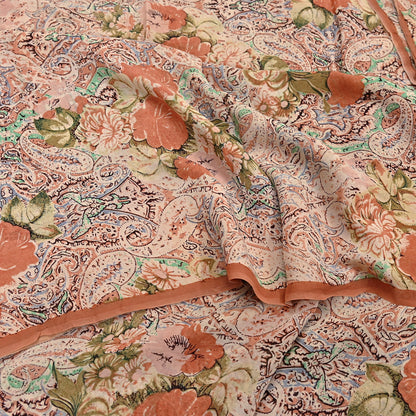 Indian Vintage Sari Beige & Almond 100% Pure Georgette Silk Block Printed Sarees Sewing 5yd Craft Soft Dress Designing for Crafting Abstract