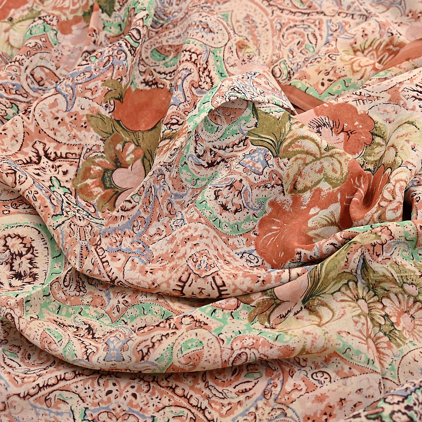 Indian Vintage Sari Beige & Almond 100% Pure Georgette Silk Block Printed Sarees Sewing 5yd Craft Soft Dress Designing for Crafting Abstract