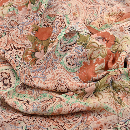 Indian Vintage Sari Beige & Almond 100% Pure Georgette Silk Block Printed Sarees Sewing 5yd Craft Soft Dress Designing for Crafting Abstract