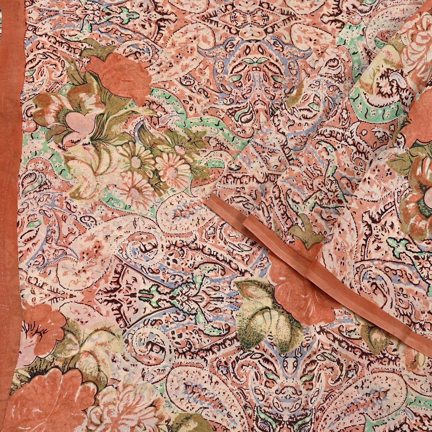 Indian Vintage Sari Beige & Almond 100% Pure Georgette Silk Block Printed Sarees Sewing 5yd Craft Soft Dress Designing for Crafting Abstract