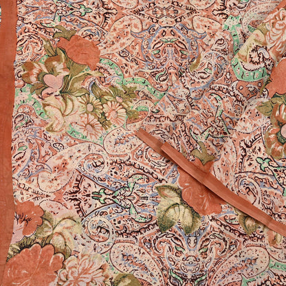 Indian Vintage Sari Beige & Almond 100% Pure Georgette Silk Block Printed Sarees Sewing 5yd Craft Soft Dress Designing for Crafting Abstract