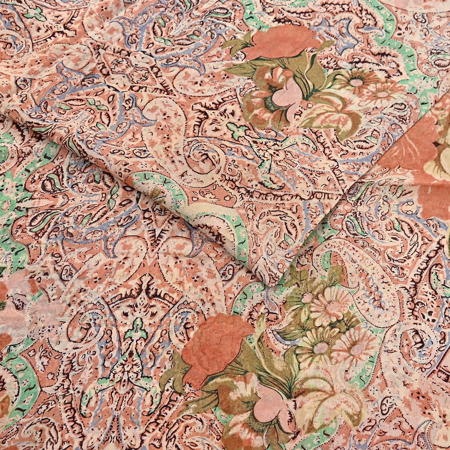 Indian Vintage Sari Beige & Almond 100% Pure Georgette Silk Block Printed Sarees Sewing 5yd Craft Soft Dress Designing for Crafting Abstract