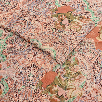 Indian Vintage Sari Beige & Almond 100% Pure Georgette Silk Block Printed Sarees Sewing 5yd Craft Soft Dress Designing for Crafting Abstract