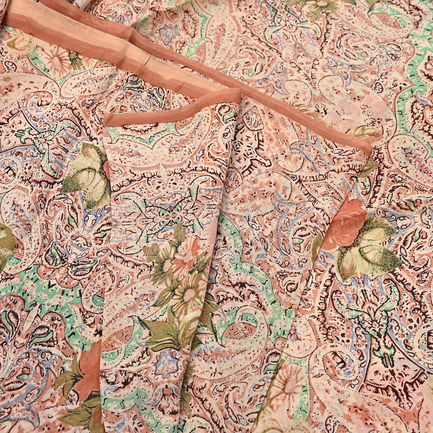 Indian Vintage Sari Beige & Almond 100% Pure Georgette Silk Block Printed Sarees Sewing 5yd Craft Soft Dress Designing for Crafting Abstract
