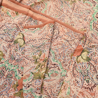 Indian Vintage Sari Beige & Almond 100% Pure Georgette Silk Block Printed Sarees Sewing 5yd Craft Soft Dress Designing for Crafting Abstract
