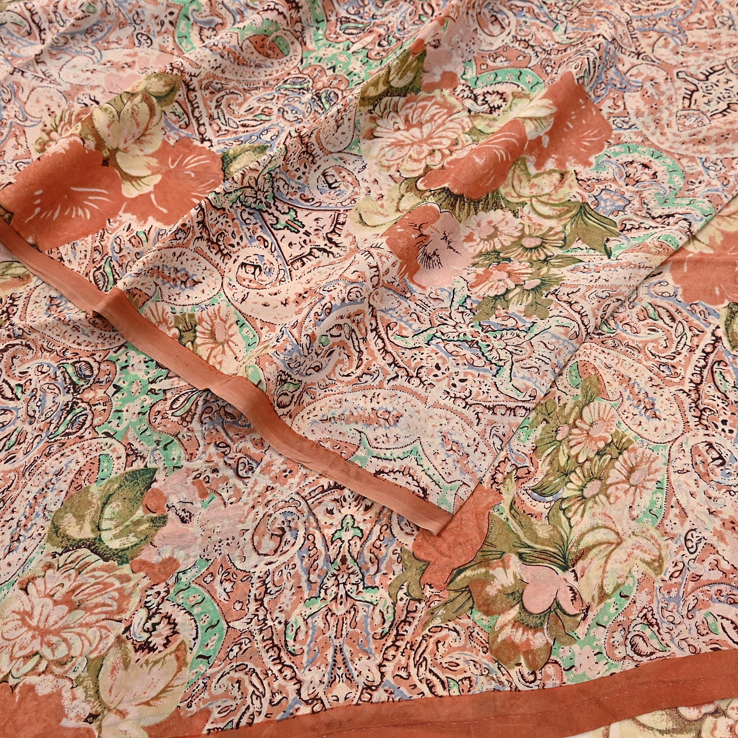Indian Vintage Sari Beige & Almond 100% Pure Georgette Silk Block Printed Sarees Sewing 5yd Craft Soft Dress Designing for Crafting Abstract