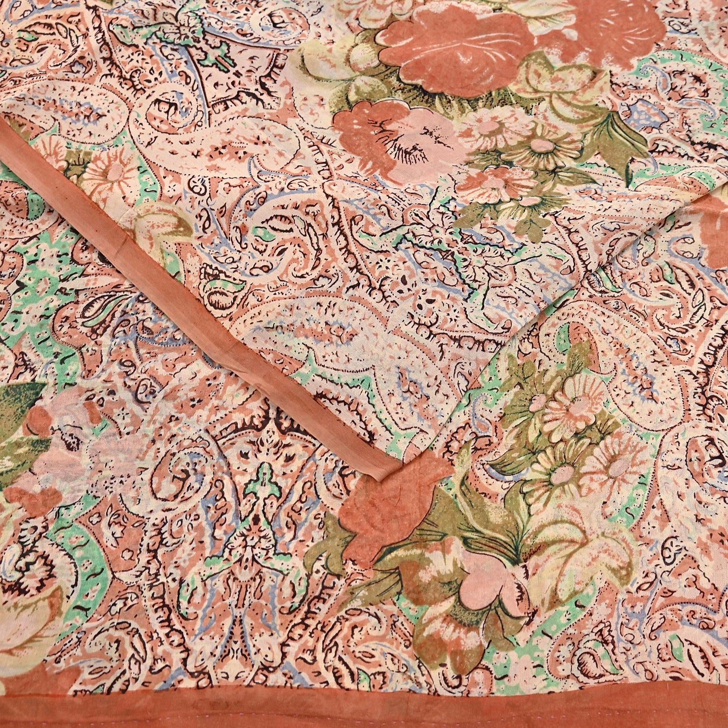 Indian Vintage Sari Beige & Almond 100% Pure Georgette Silk Block Printed Sarees Sewing 5yd Craft Soft Dress Designing for Crafting Abstract