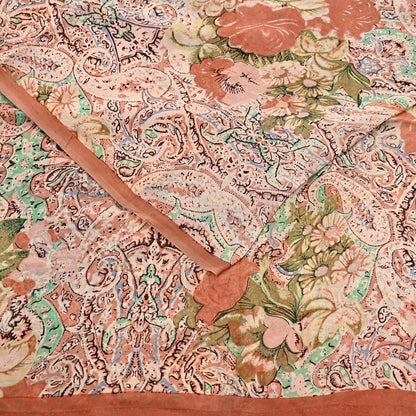 Indian Vintage Sari Beige & Almond 100% Pure Georgette Silk Block Printed Sarees Sewing 5yd Craft Soft Dress Designing for Crafting Abstract