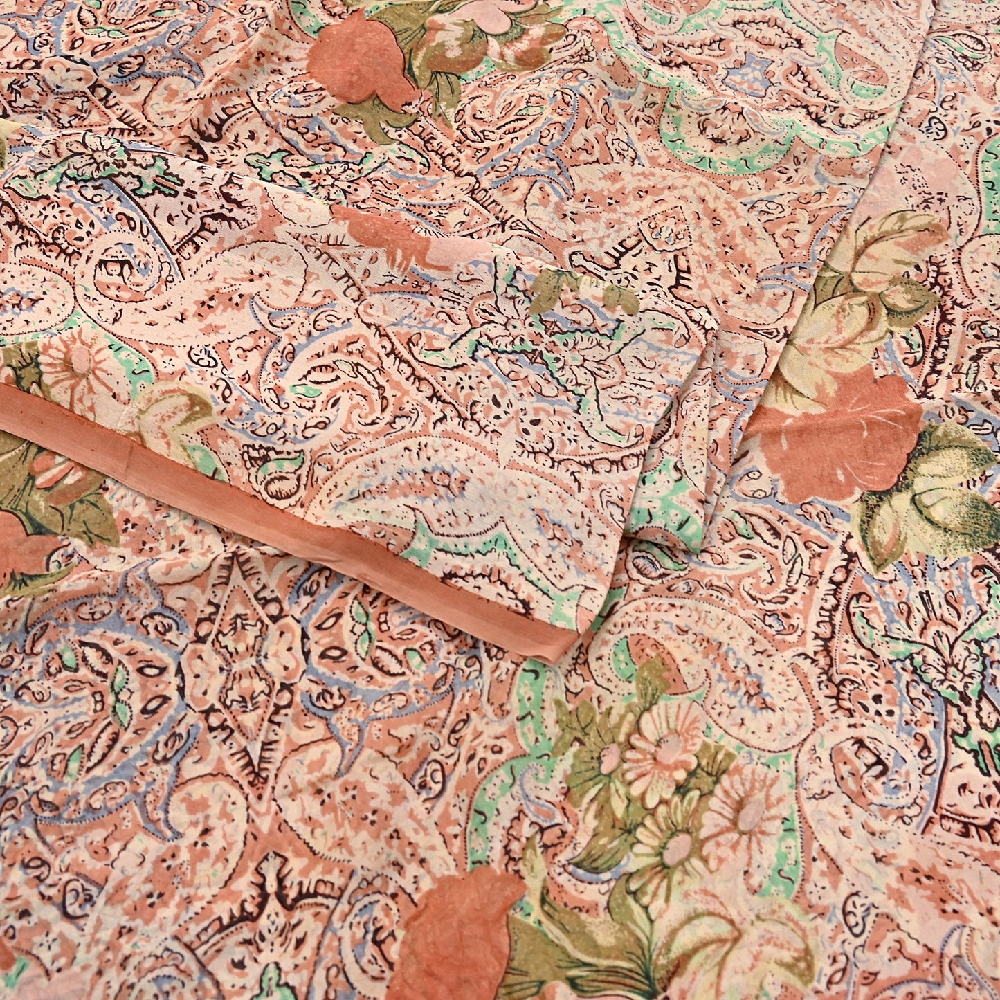 Indian Vintage Sari Beige & Almond 100% Pure Georgette Silk Block Printed Sarees Sewing 5yd Craft Soft Dress Designing for Crafting Abstract