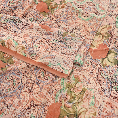 Indian Vintage Sari Beige & Almond 100% Pure Georgette Silk Block Printed Sarees Sewing 5yd Craft Soft Dress Designing for Crafting Abstract