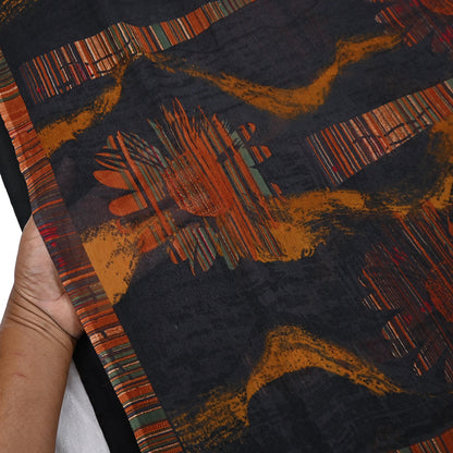 Vintage Saree Black Pure Chiffon Silk Printed Sari Craft Fabric Sewing 5Yard Soft