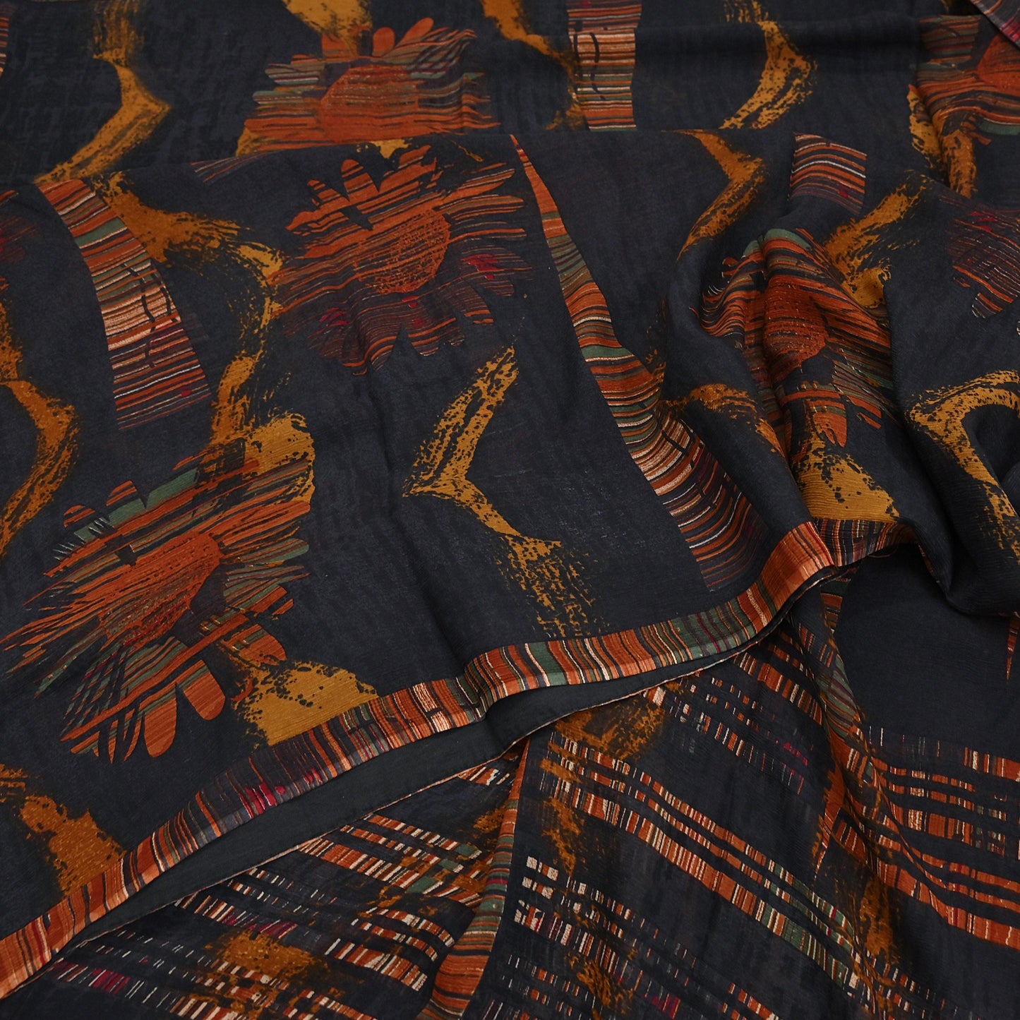 Vintage Saree Black Pure Chiffon Silk Printed Sari Craft Fabric Sewing 5Yard Soft