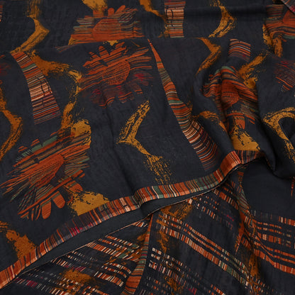 Vintage Saree Black Pure Chiffon Silk Printed Sari Craft Fabric Sewing 5Yard Soft