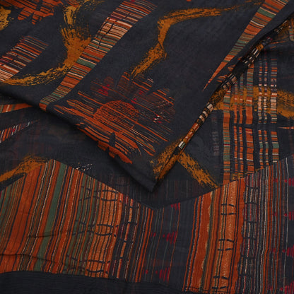 Vintage Saree Black Pure Chiffon Silk Printed Sari Craft Fabric Sewing 5Yard Soft