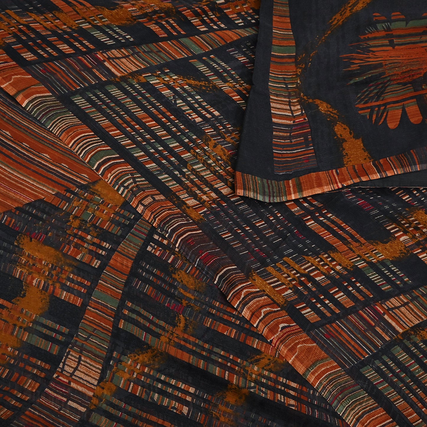 Vintage Saree Black Pure Chiffon Silk Printed Sari Craft Fabric Sewing 5Yard Soft
