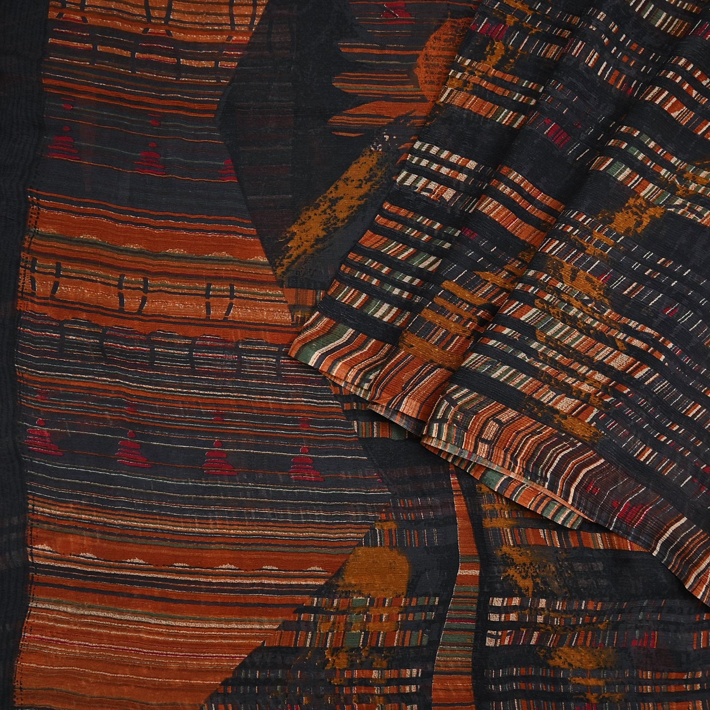 Vintage Saree Black Pure Chiffon Silk Printed Sari Craft Fabric Sewing 5Yard Soft
