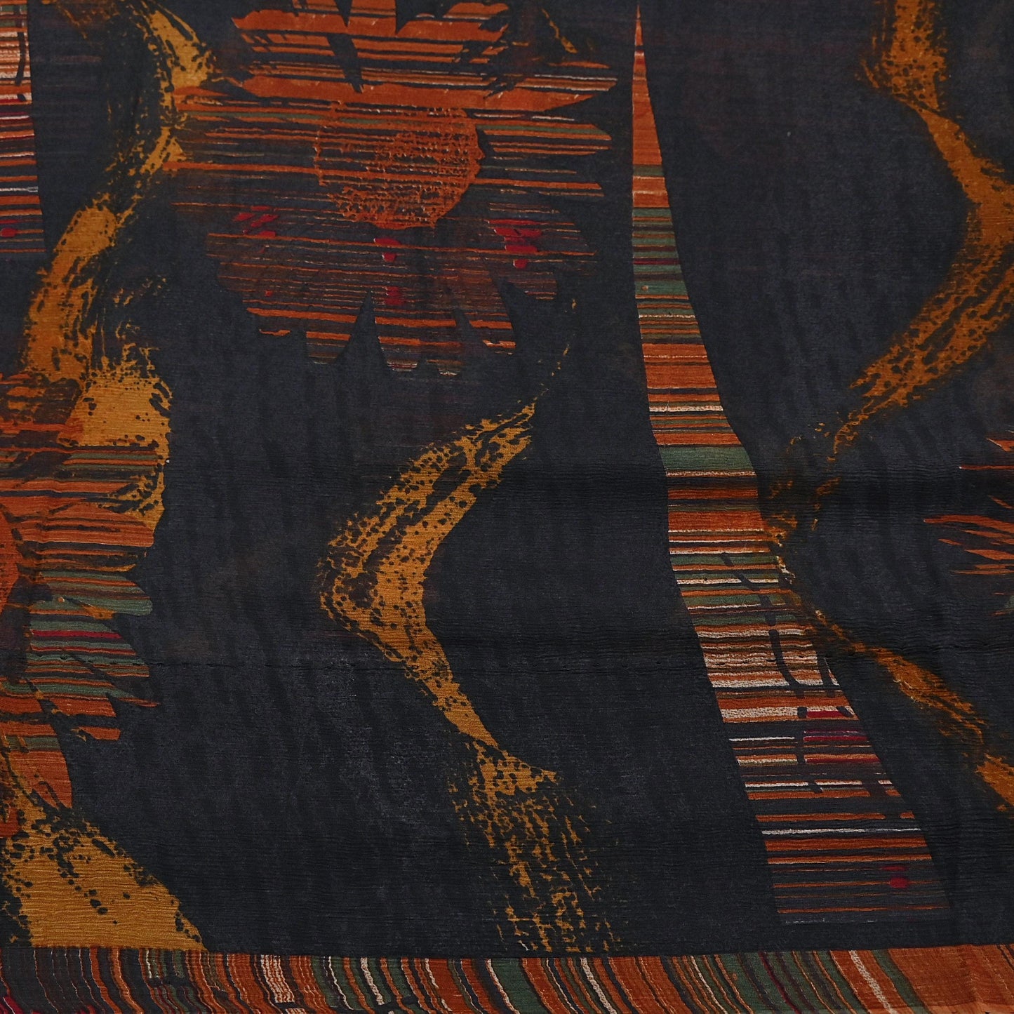 Vintage Saree Black Pure Chiffon Silk Printed Sari Craft Fabric Sewing 5Yard Soft