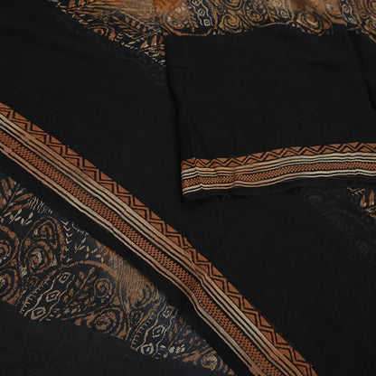Women Vintage Sari Black & Rusty Brown 100% Pure Georgette Silk Block Printed Saree Craft Fabric Sewing 5Yard Soft Sari Dress Making