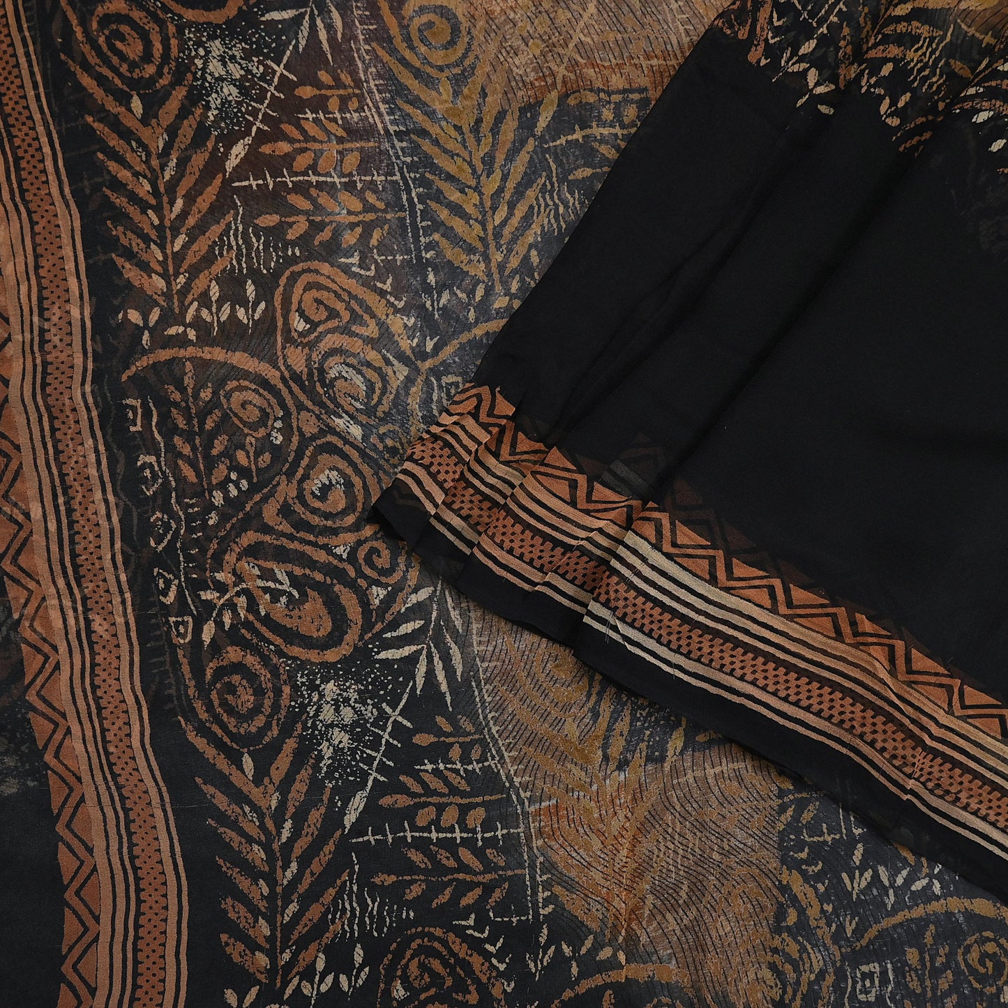 Women Vintage Sari Black & Rusty Brown 100% Pure Georgette Silk Block Printed Saree Craft Fabric Sewing 5Yard Soft Sari Dress Making