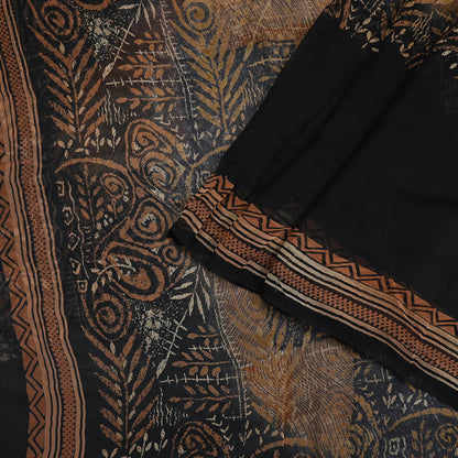 Women Vintage Sari Black & Rusty Brown 100% Pure Georgette Silk Block Printed Saree Craft Fabric Sewing 5Yard Soft Sari Dress Making