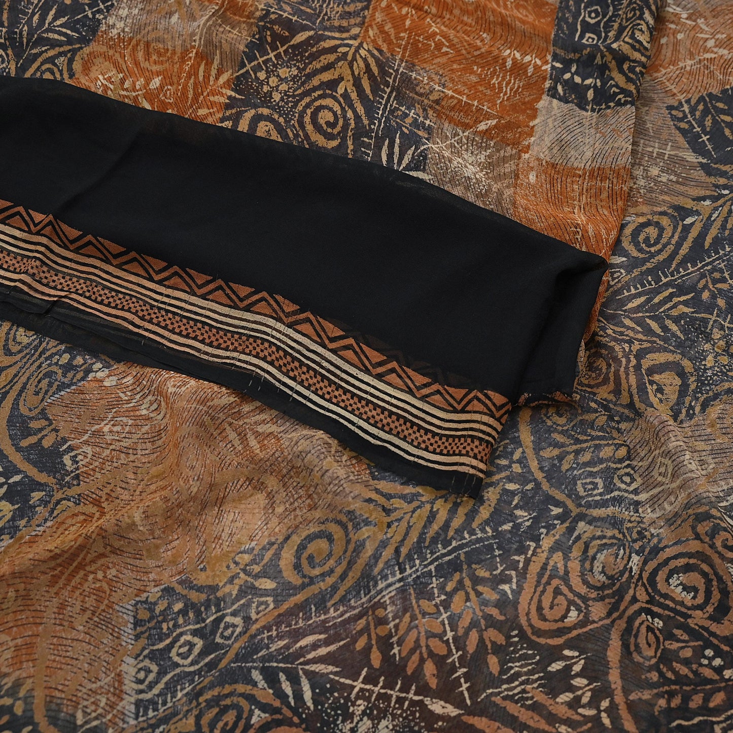 Women Vintage Sari Black & Rusty Brown 100% Pure Georgette Silk Block Printed Saree Craft Fabric Sewing 5Yard Soft Sari Dress Making
