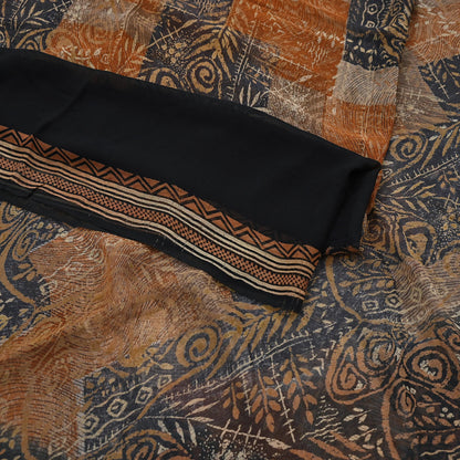 Women Vintage Sari Black & Rusty Brown 100% Pure Georgette Silk Block Printed Saree Craft Fabric Sewing 5Yard Soft Sari Dress Making