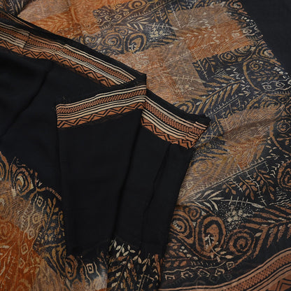 Women Vintage Sari Black & Rusty Brown 100% Pure Georgette Silk Block Printed Saree Craft Fabric Sewing 5Yard Soft Sari Dress Making
