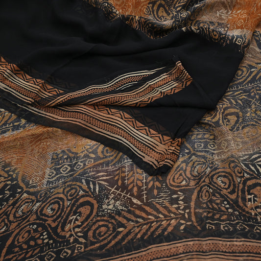 Women Vintage Sari Black & Rusty Brown 100% Pure Georgette Silk Block Printed Saree Craft Fabric Sewing 5Yard Soft Sari Dress Making