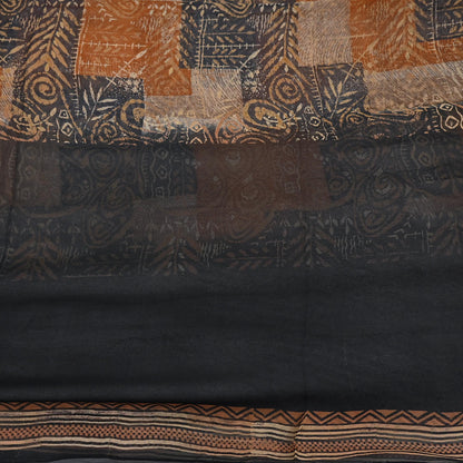 Women Vintage Sari Black & Rusty Brown 100% Pure Georgette Silk Block Printed Saree Craft Fabric Sewing 5Yard Soft Sari Dress Making