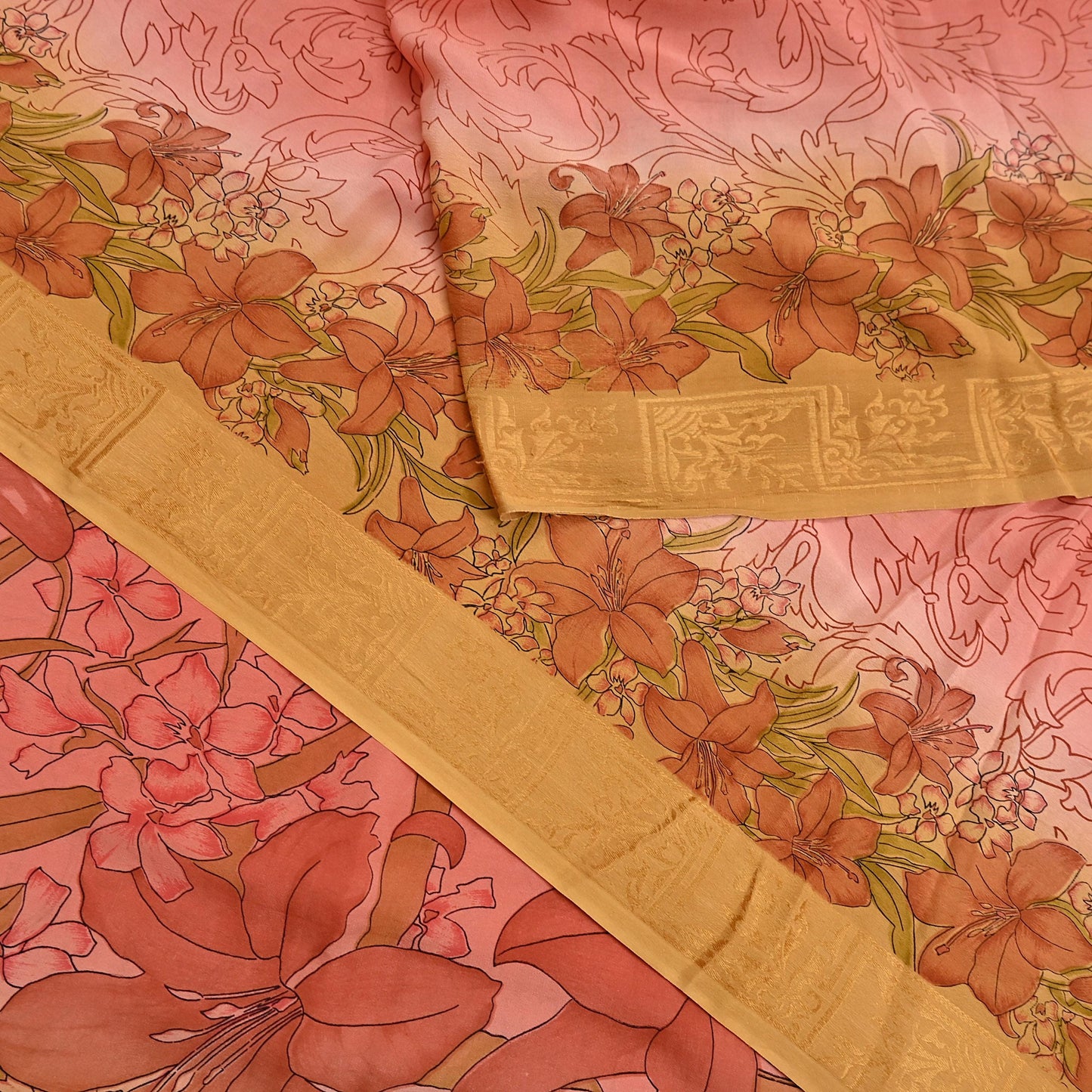 Indian Vintage Sari Peach Pure Silk Printed Sarees 5yd Sewing Craft Fabric Dress Making Soft Upcycle Quilting Crafting