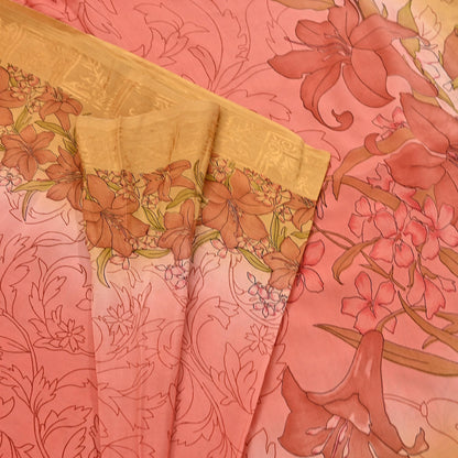 Indian Vintage Sari Peach Pure Silk Printed Sarees 5yd Sewing Craft Fabric Dress Making Soft Upcycle Quilting Crafting