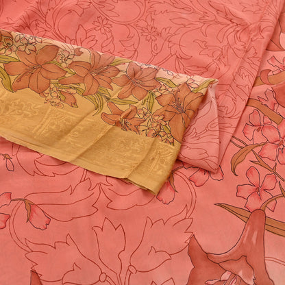 Indian Vintage Sari Peach Pure Silk Printed Sarees 5yd Sewing Craft Fabric Dress Making Soft Upcycle Quilting Crafting