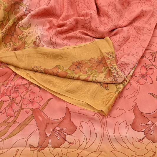 Indian Vintage Sari Peach Pure Silk Printed Sarees 5yd Sewing Craft Fabric Dress Making Soft Upcycle Quilting Crafting