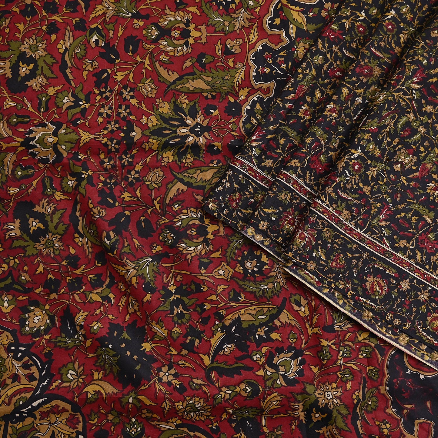 Indian Vintage Red & Black Pure Silk Printed Saree 6Yards Soft Floral Fabric for Dressmaking, Quilting, Crafting, Sewing, Dress Making