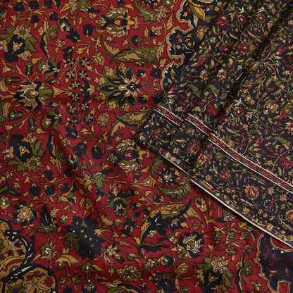 Indian Vintage Red & Black Pure Silk Printed Saree 6Yards Soft Floral Fabric for Dressmaking, Quilting, Crafting, Sewing, Dress Making